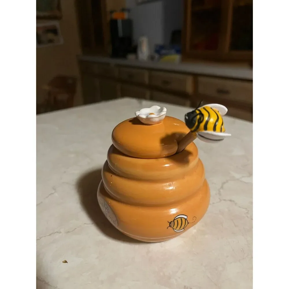 cottage core kitchen bee honey stirrer and pot